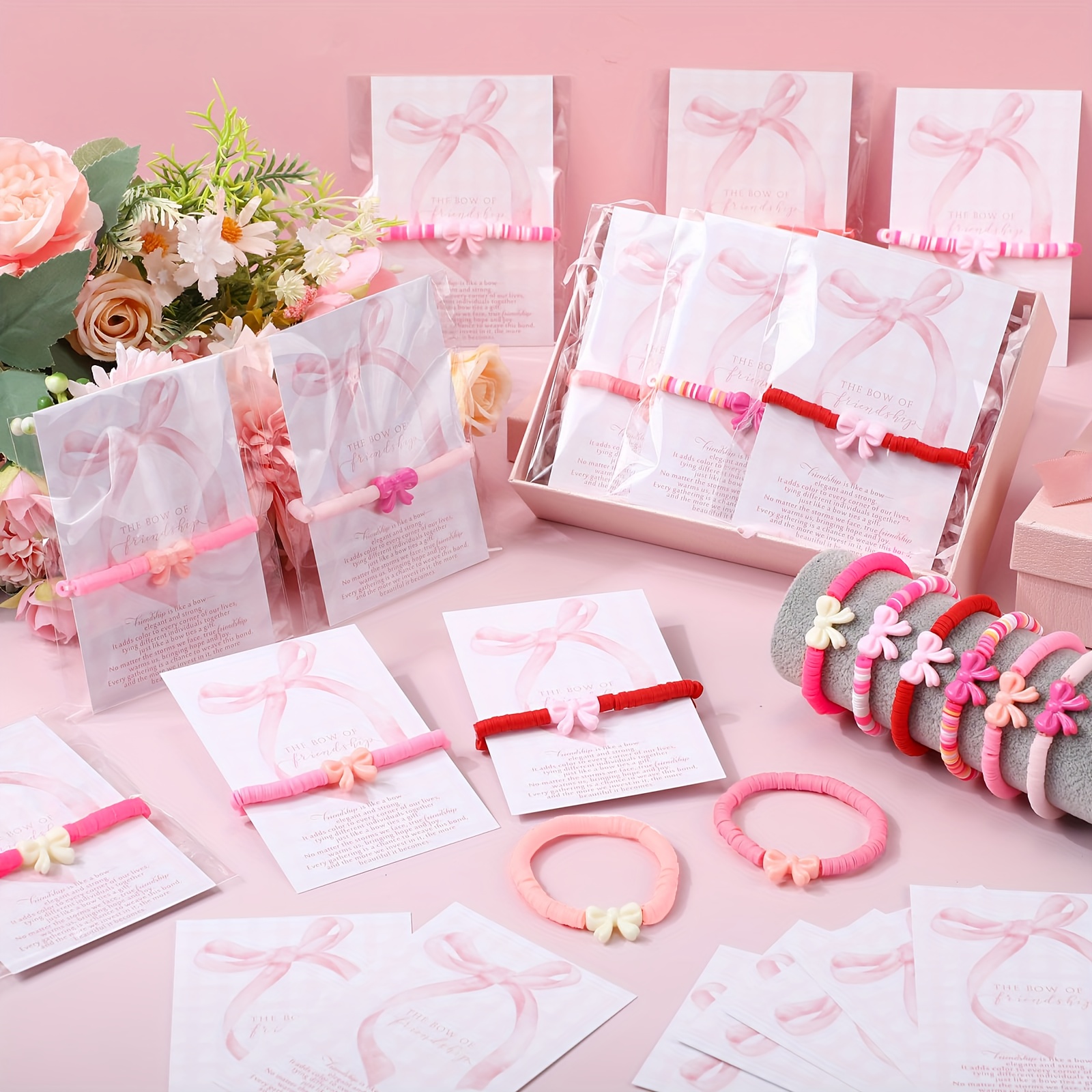 24pc Bow Friendship Bracelet Set, Pink & Multicolor Clay Beads